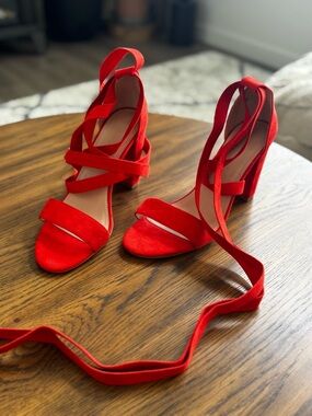 Chic Red Suede Wrap-Around Block Heel Sandals